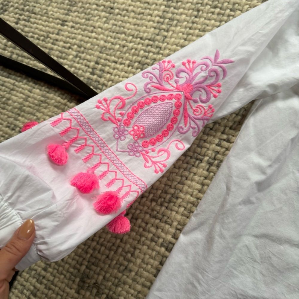Lilly Pulitzer Kaydence White Pink Embellished Blouse Medium - Picture 4 of 6